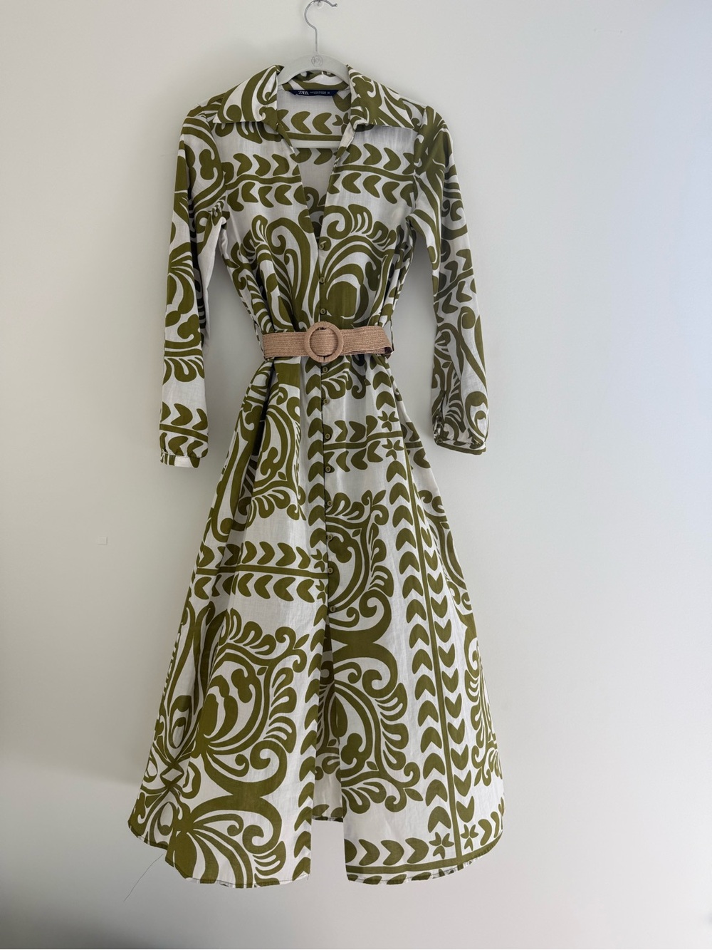Zara Midi Shirt Dress with belt - Olive Green & White XS - Modified Fit